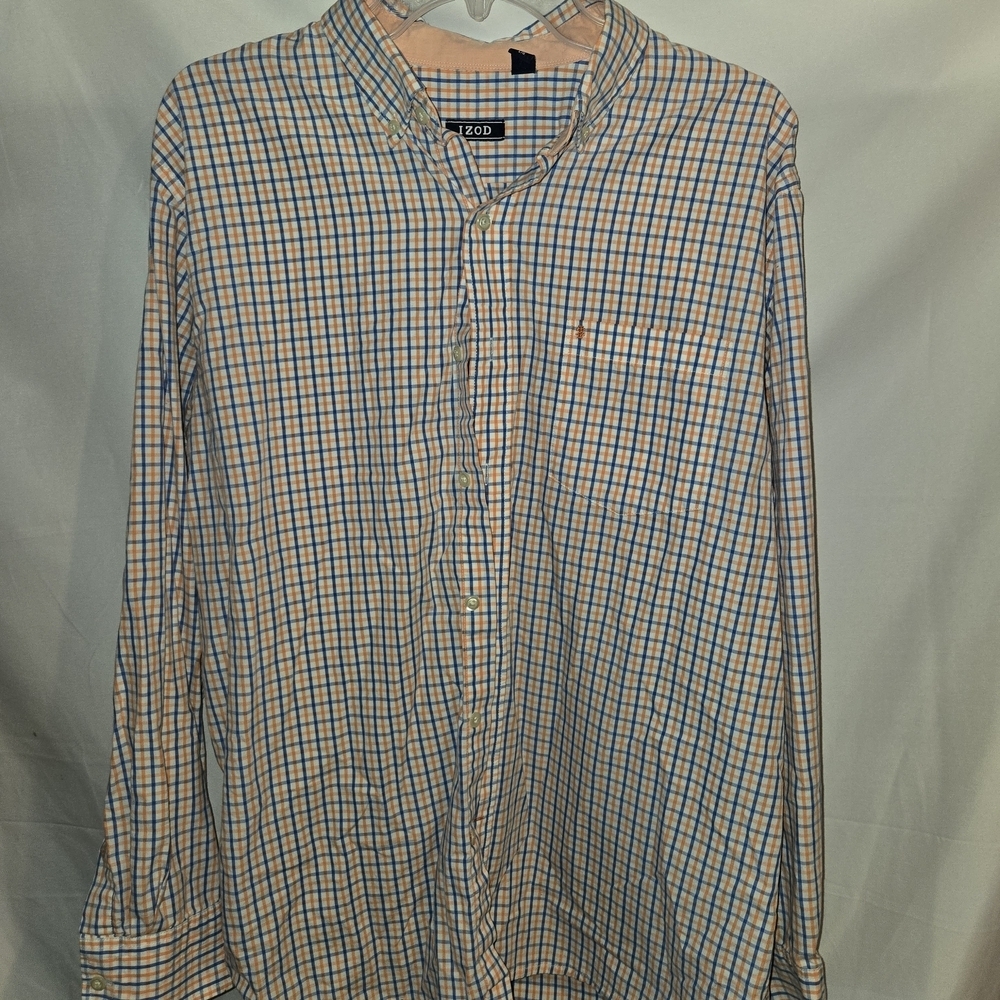 Izod Men's Orange and Blue Plaid Shirt